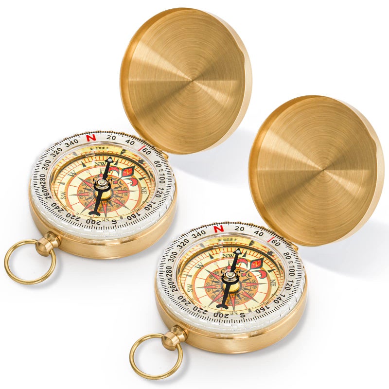 Tebery 2 Pack Classic Pocket Style Copper Clamshell Compass, Glow in The Dark Military Survival Gear, Waterproof Luminous Kids Compass for Hiking Camping Hunting Climbing (Brass) - Image 1
